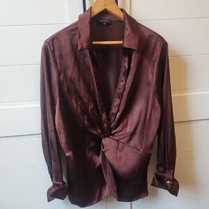 Pleione Burgundy Brown Satin Knot Blouse